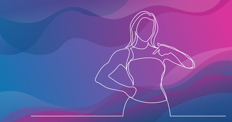 continuous line drawing of standing woman pointing at herself