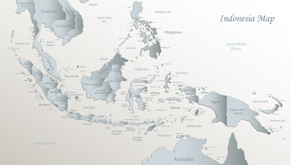Naklejka premium Indonesia map, administrative division with names, white blue card paper 3D vector