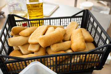 close up of baked bread in bakehouse