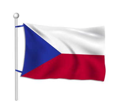 Czech flag waves on a flagpole, white background