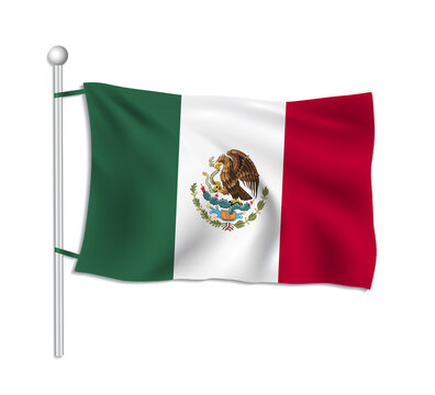 Mexico flag waves on a flagpole, white background vector