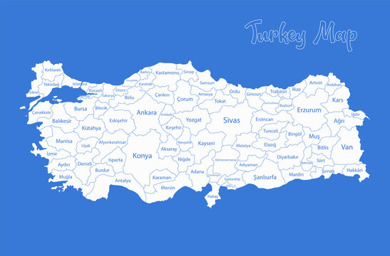 Turkey map, administrative divisions whit names regions, blue background vector