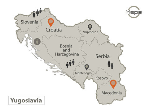 Yugoslavia map, individual regions with names, Infographics and icons vector