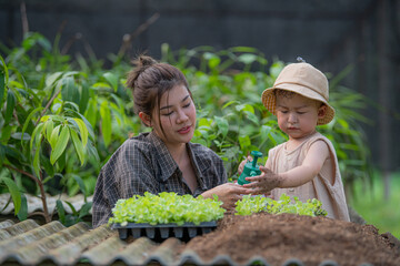 Asian woman teaching her son to grow organic lettuce in a greenhouse garden A little boy helps his mother in a hydroponics vegetable farm. education concept and healthy food