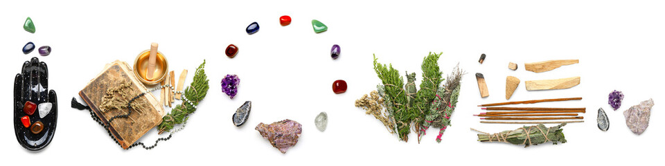Set of incenses, minerals and herbs for aura cleansing on white background, top view