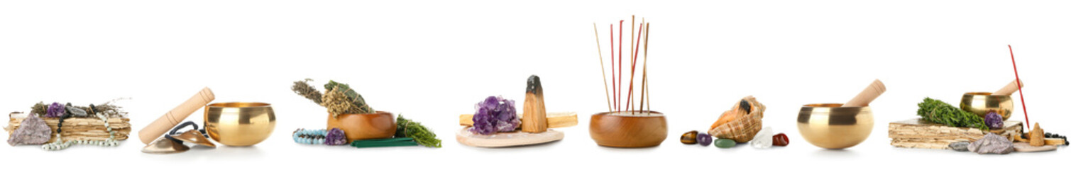 Set of Tibetan singing bowl, incense, minerals and herbs for aura cleansing on white background