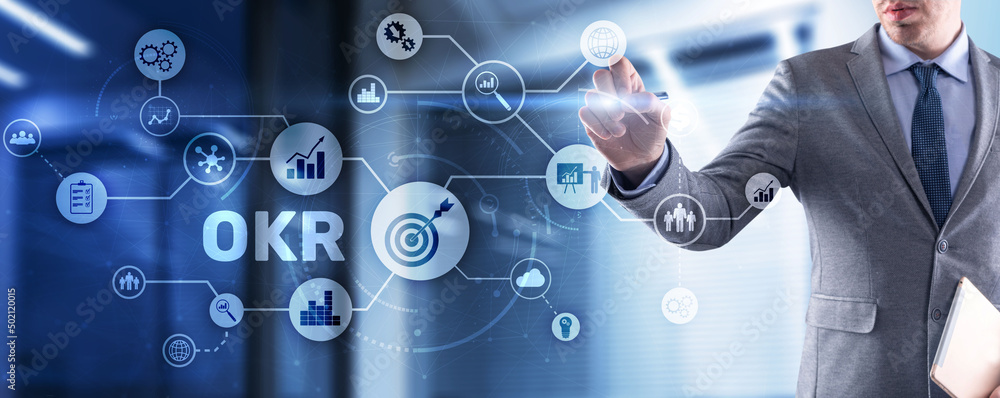 Poster objective key results. project management. business technology process on virtual screen