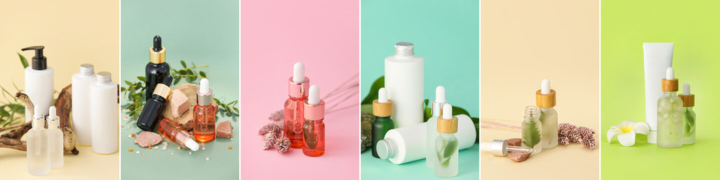 Set Of Different Natural Cosmetics On Colorful Background
