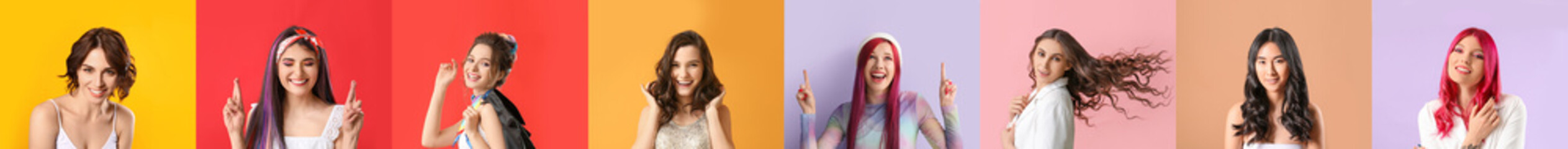 Set of beautiful women with stylish hairdo on colorful background