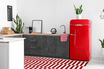 Interior of modern kitchen with red fridge and carpet