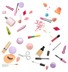 Set of cosmetics and makeup brushes isolated on white