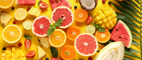 Sweet tropical fruits on yellow background
