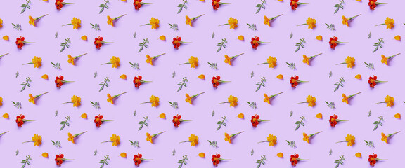 Many marigold flowers on lilac background. Pattern for design