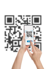 Hands of woman with smartphone scanning QR code on white background