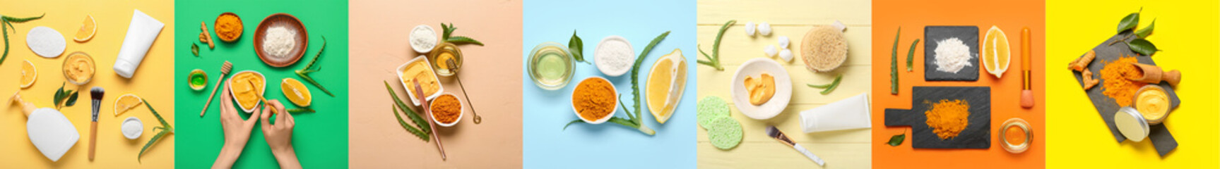 Ingredients for preparation of turmeric face mask on color background, top view