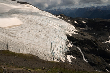 View of the Andes mountain range and Glacier Alerce in Pampa Linda, Río Negro, Argentina, from the...