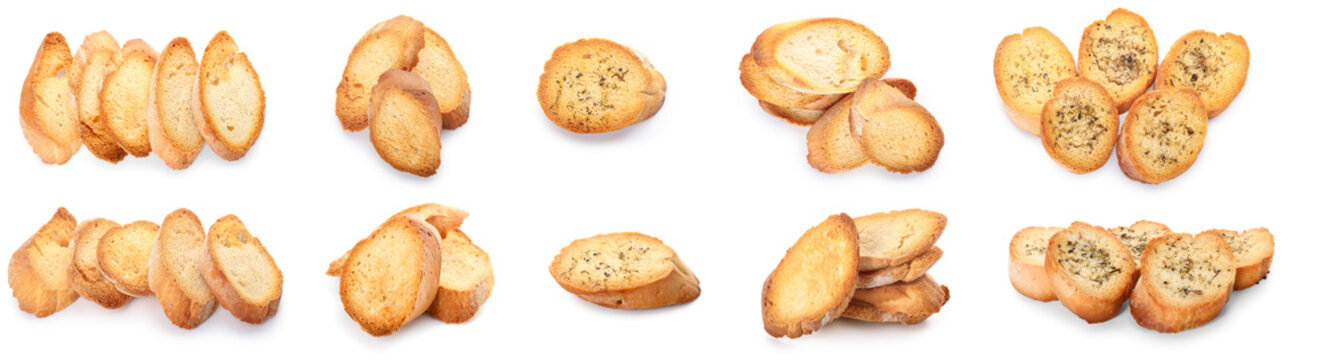 Set of tasty croutons isolated on white