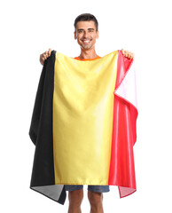 Young man with flag of Belgium on white background