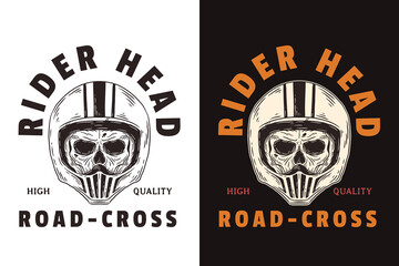 Set Skull Rider Helmet Dark illustration Skull Bones Head Hand drawn Hatching Outline Symbol Tattoo Merchandise T-shirt Merch vintage