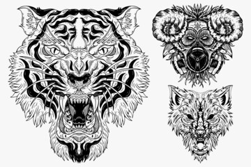 Fototapeta premium Set Dark illustration Beast Tiger Wolf Goat Head Bones Hand drawn Hatching Outline Style for Tattoo Merchandise T-shirt Merch vintage