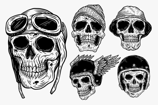 Set Dark illustration Skull Head Bones With Hat and Helmet Hand drawn Hatching Outline Style for Tattoo Merchandise T-shirt Merch vintage