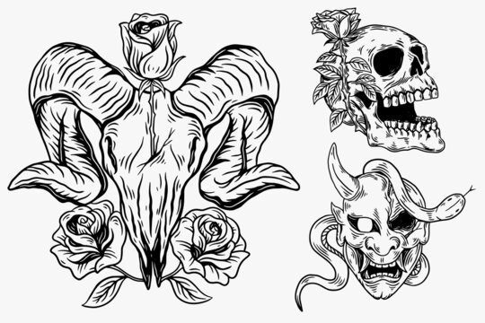 Set Dark illustration Skull Head Bones With Rose Hand drawn Hatching Outline Style for Tattoo Merchandise T-shirt Merch vintage