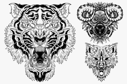 Set Dark illustration Beast Tiger Wolf Goat Head Bones Hand drawn Hatching Outline Style for Tattoo Merchandise T-shirt Merch vintage