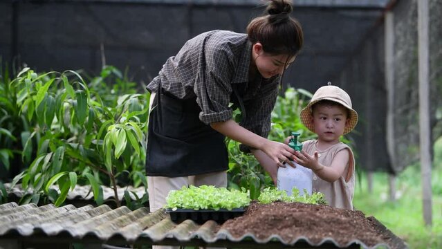 Asian woman teaching her son to spray plants with organic lettuce juice in a greenhouse garden A little boy helps his mother in a hydroponics vegetable farm. education concept and healthy food