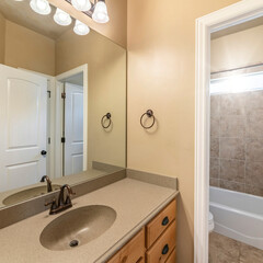 Square Sun flare Master bathroom with light brown theme color and white doors