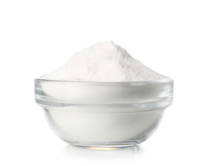 Bowl of baking soda on white background