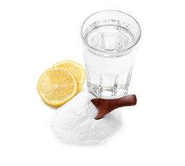 Heap of baking soda, glass with water and lemon slices on white background