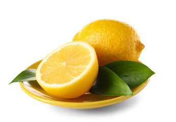 Bowl with lemons and leaves on white background