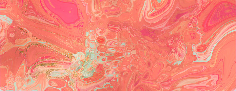 Flowing Abstract Marbling Banner in Beautiful Coral and Pink colors. Paint texture with Gold Glitter.