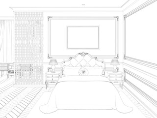 A sketch of a classic bedroom with a horizontal poster above the head of a luxurious bed, lamps on the night tables on the sides of the bed, and a table near the window. 3d render