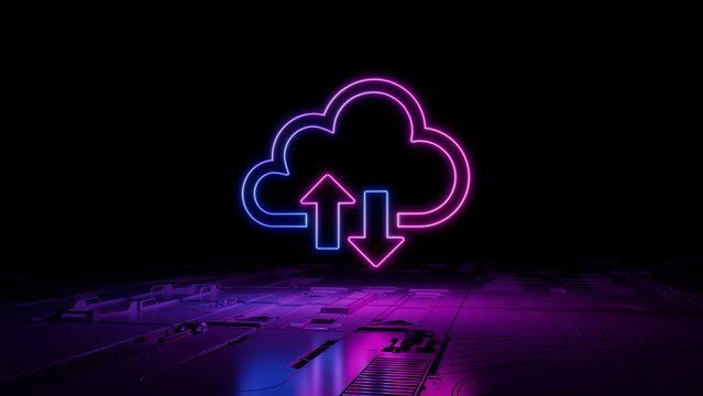 Pink And Blue Data Storage Technology Concept With Cloud Symbol As A Neon Light. Vibrant Colored Icon, On A Black Background With High Tech Floor. 3D Render