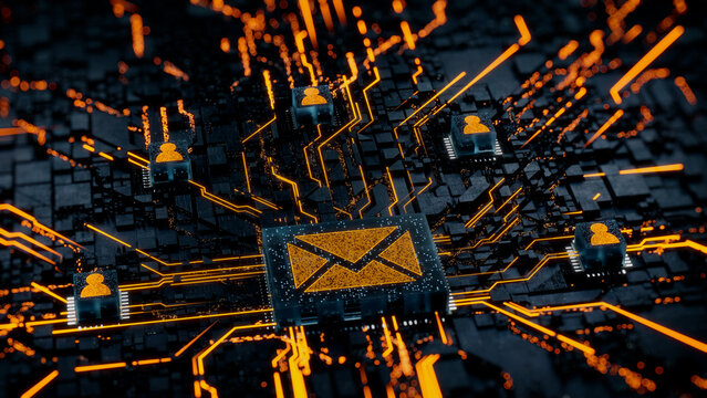 Email Technology Concept with Envelope symbol on a Microchip. Orange Neon Data flows between Users and the CPU across a Futuristic Motherboard. 3D render.