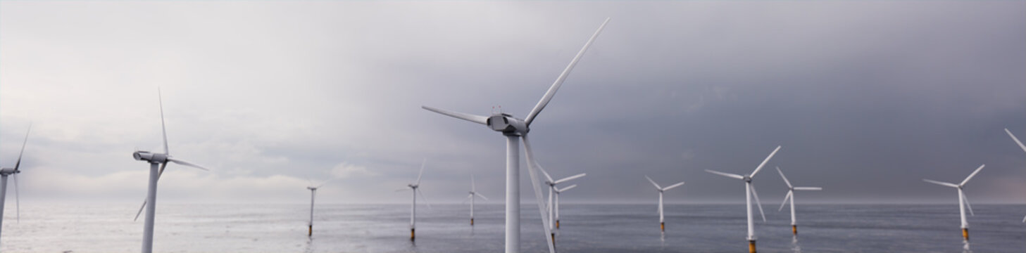 Wind Power. Offshore Wind Turbines on an Overcast Morning. Clean Energy Concept.