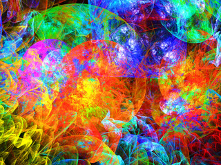 Imagen de arte fantástico digital compuesto de trazos solapados en colores cálidos y sobre fondo negro en un conjunto con aspecto de ser una multitud de cuerpos luminosos reunidos. © Pedroml