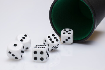 Closeup cup five dice rolling white background