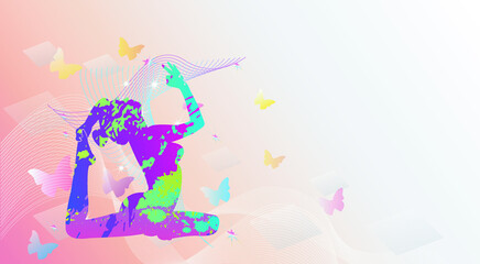 Obraz na płótnie Canvas Colorful sport background. Yoga logo design. Ballerina in dance. Silhouettes, Exercises, Fitness, Healthcare, Medical, Icon, Symbol. Vector illustration.