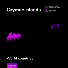 Cayman Islands 3D map. Stylized neon simple digital isometric striped vector Map of Cayman Islands is in violet colors on black background