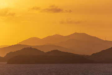 Fototapeta na wymiar Beautiful landscape view of the sunset in the U.S. Virgin Islands National Park on the island of Saint John.