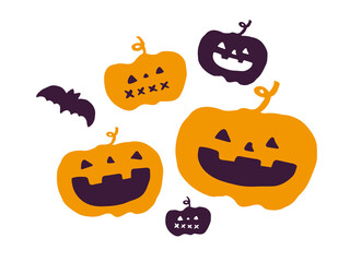 かわいいハロウィンのかぼちゃとコウモリ／手画きイラスト素材