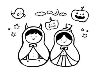 Obraz na płótnie Canvas かわいいハロウィンの仮装した子どもとかぼちゃとゴーストの線画／手描きイラスト素材