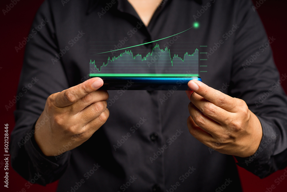 Aufkleber digital increasing bar business graph growth on a smartphone on hands businessman while standing on 