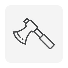 Axe vector icon. May called ax, fire axe, throwing axe or hatchet.  Weapon or equipment tool with handle grip, head for firefighter, use to rescue, protection. Also build, cut wood, camping. 64x64 px

