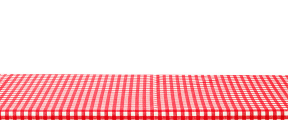Empty table with red and white check pattern tablecloth over white wall background, banner, table...