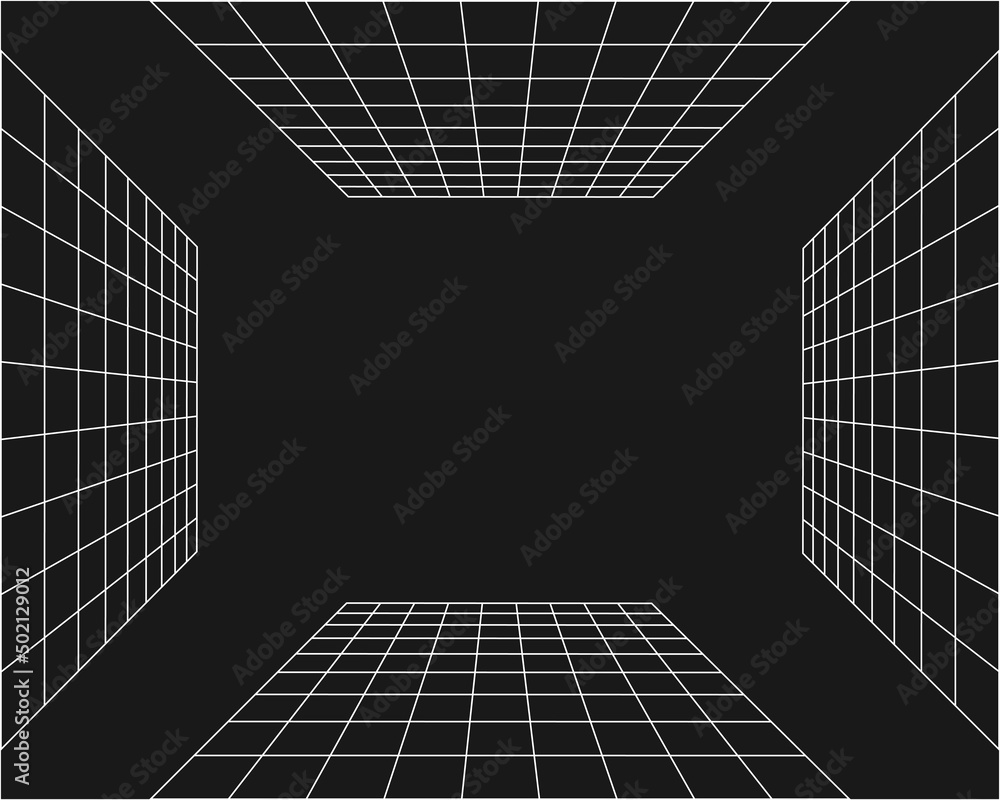 Poster cyber perspective grid extending into the horizon, retro punk perspective grid. retro wave geometry 
