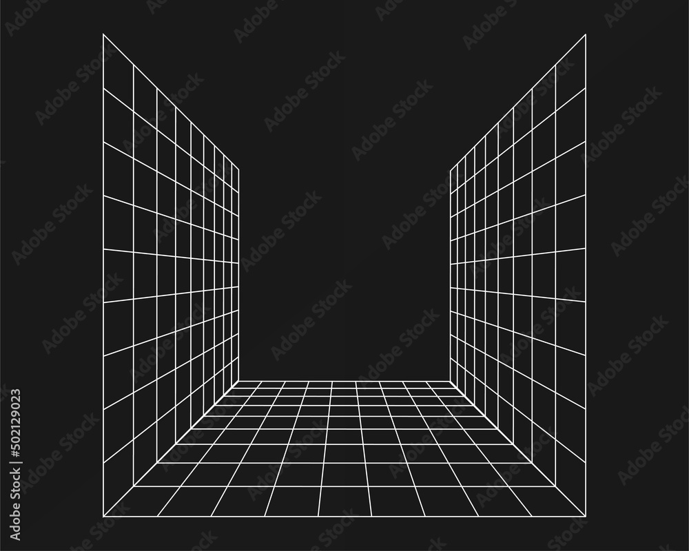 Poster cyber grid, retro punk perspective rectangular tunnel. grid tunnel geometry on black background. vec