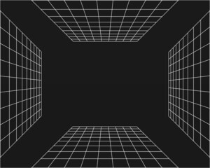 Cyber perspective grid extending into the horizon, retro punk perspective grid. Retro wave geometry on black background. Vector illustration.